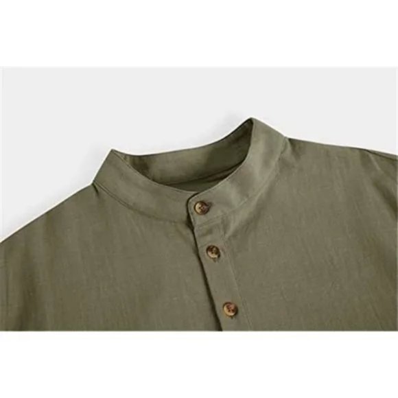New Mens Linen Henley Shirt Green - Picture 5 of 7